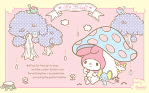 My Melody 和朋友們在奇幻森林中下雨時躲在蘑菇下。