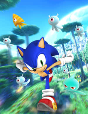 Sonic the Hedgehog 喺森林中快速奔跑，周圍有外星生物。