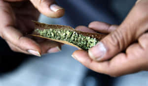 雙手在棕色紙上捲大麻煙，內有綠色草藥。
