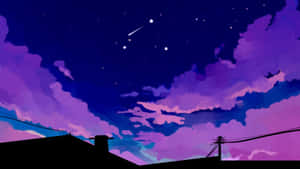 紫色和藍色夜空，星星和流星在屋頂和電線上。