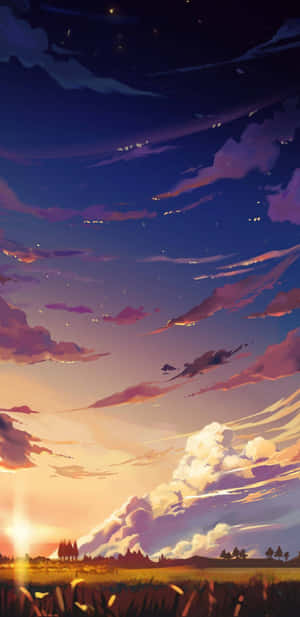 充滿活力的日落天空，帶有紫色和粉紅色的雲彩，覆蓋著金色田野和遠處的樹木。