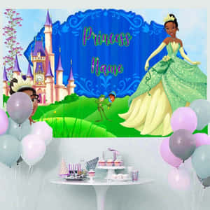 Tiana 公主生日派對背景，配有城堡、氣球和甜品桌。
