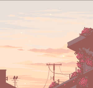 蜜桃色日落中，屋頂上有粉紅花朵和電線上的鳥兒。 — 黃昏 壁紙