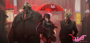 三個動漫角色在雨中小巷撐著一把有兔子圖案的紅色雨傘。 — 鬥陣特攻 GIF 壁紙