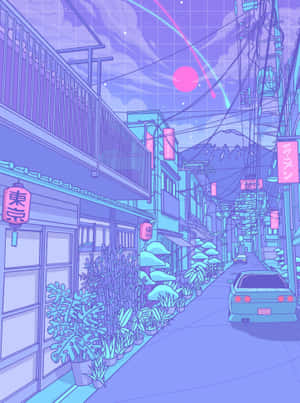 一條賽博龐克風格的動漫街道，有霓虹燈招牌和一輛停在粉紅色太陽下的汽車。