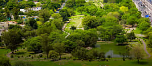 俯瞰一個綠色公園，內有湖邊小徑和周圍的住宅建築。