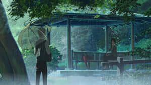 雨林中涼亭旁持傘的人，另一人坐在涼亭內。 — 雨 壁紙
