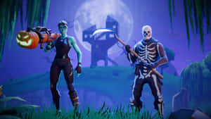 滿月下陰森沼澤中的兩個 Fortnite 角色。 — 遊戲 壁紙