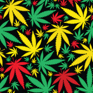 黑色背景上紅色、綠色和黃色大麻葉的大膽圖案。
