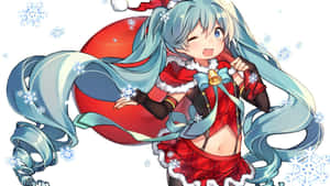 穿著聖誕服裝的動漫女孩手持裝飾品和雪花