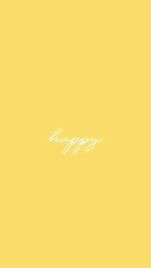 黃色背景，以白色草書字體寫著「happy」。