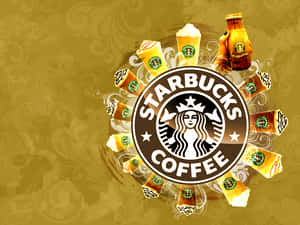 Starbucks 咖啡標誌與周圍的飲品在金色旋轉背景上。
