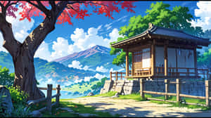 傳統日本神社，紅楓樹下，背景有山 — 日本 壁紙