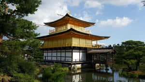 金色寺廟亭閣被水和綠植環繞，在藍天下。 — 日本 壁紙