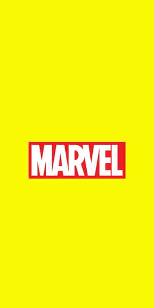 黃色背景上紅色矩形內的白色Marvel標誌文字。