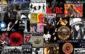 經典搖滾樂隊專輯藝術拼貼，包括Led Zeppelin、ACDC和The Beatles。