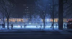 夜晚，人們在被雪覆蓋的樹木和城市燈光環繞的溜冰場上滑冰的場景。 — 冰 GIF 壁紙