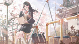 穿著校服的動漫女孩坐在櫻花下的鞦韆上。