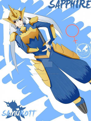 動漫戰士女孩身穿藍金色鎧甲，手持劍。