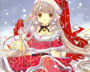 動漫女孩穿著節日聖誕老人服裝，被雪和五彩紙屑包圍。