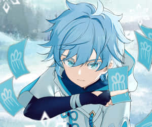 藍髮動漫男孩在雪地冬季場景中拿著禮品卡。