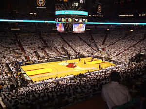 在擠滿人的球場中，穿著白色襯衫的球迷在邁阿密熱火NBA比賽中歡呼。 — 籃球 壁紙
