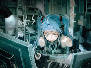 藍髮動漫女孩在昏暗房間的雜亂電腦桌上筋疲力盡。
