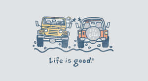 兩輛卡通吉普車濺水而過，有一個笑臉在揮手。