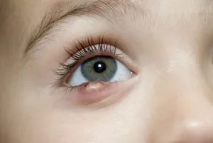 一個兒童的眼睛,灰色虹膜和長睫毛,向前看。