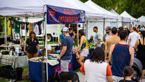 人們在熙熙攘攘的戶外農貿市場購物，有攤位帳篷和一隻狗。 — 水果籃 壁紙