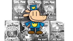 背景有書封的 Dog Man 超級英雄角色