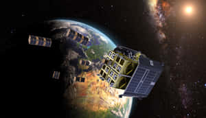 衛星在太空中繞地球運行，伴有銀河系和太陽 — iMac 壁紙