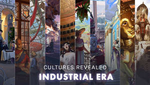 來自工業時代的插圖歷史場景拼貼畫，展示了多樣的文化和人物。