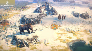 長毛猛獁象和騎馬獵人在雪覆蓋的史前景觀中。