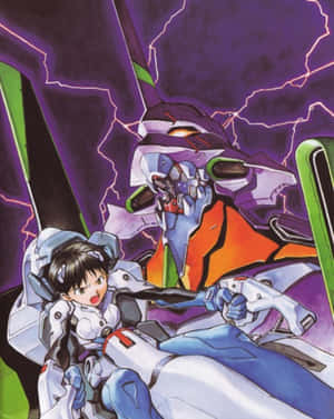 動畫機師身穿插頭服在紫色閃電風暴中操控 Evangelion 機甲。