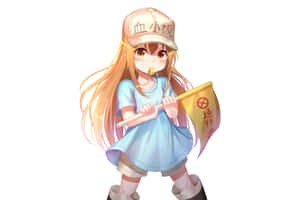 戴帽子和藍色連衣裙的動漫女孩手持帶有紅色符號的黃色旗幟。 — 簡單 壁紙