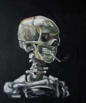一個畫出來的骷髏正在抽煙，煙霧從嘴裡裊裊升起。