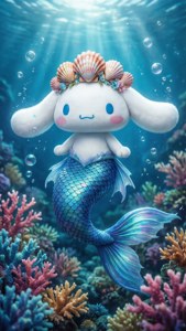 可愛的白兔美人魚戴著貝殼皇冠在陽光照射的海水中游過珊瑚礁