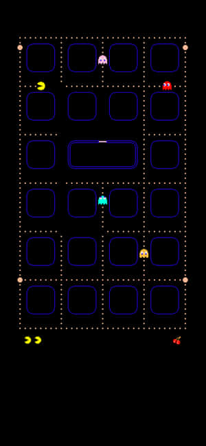 復古 Pacman 遊戲，網格上有黃色角色和鬼魂。