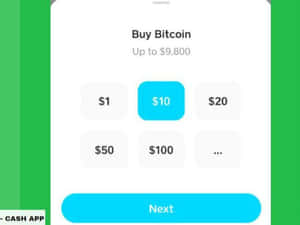 Cash App 屏幕顯示比特幣購買選項，並選擇了 $10。