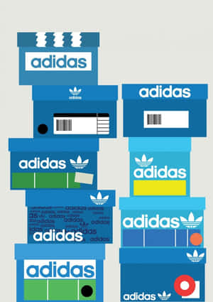 藍色 adidas 鞋盒堆疊設計，帶有鮮豔色彩點綴和品牌標誌。