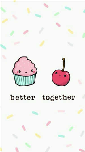 一個微笑的杯子蛋糕和櫻桃，在撒有糖粒的背景上寫著 better together。