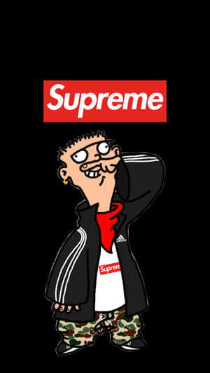卡通角色穿著Supreme和Adidas裝備在黑色背景前。
