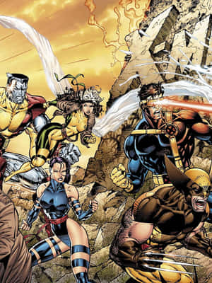 X-Men 超級英雄在破碎的石頭中戰鬥，能量爆炸飛舞。