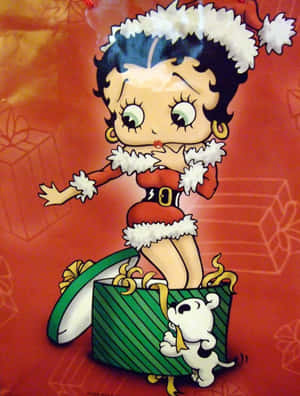 Betty Boop 聖誕老人服裝與小狗從禮物盒中出現，紅色背景 — 2048x2732 壁紙