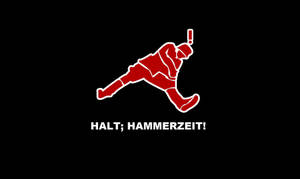 紅色冰球運動員剪影，帶有文字 HALT; HAMMERZEIT!