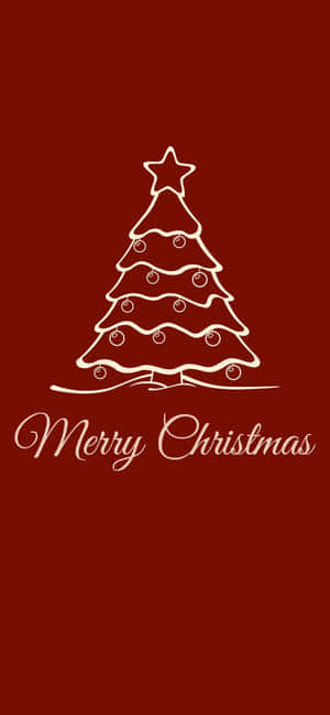 紅色背景上，以白色線條繪製的聖誕樹，飾有裝飾品和星星，並帶有「Merry Christmas」文字。