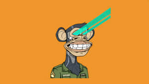 卡通猴子穿軍裝，橙色背景上有綠色激光眼
