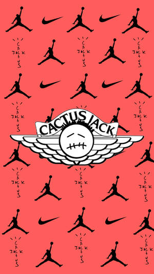 珊瑚色背景，重複的黑色Jumpman和Nike標誌圍繞著中央的Cactus Jack標誌。