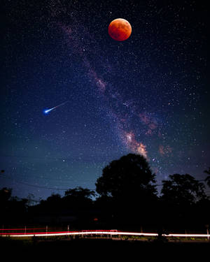 血月同流星喺星空上面，有樹木剪影同光跡。